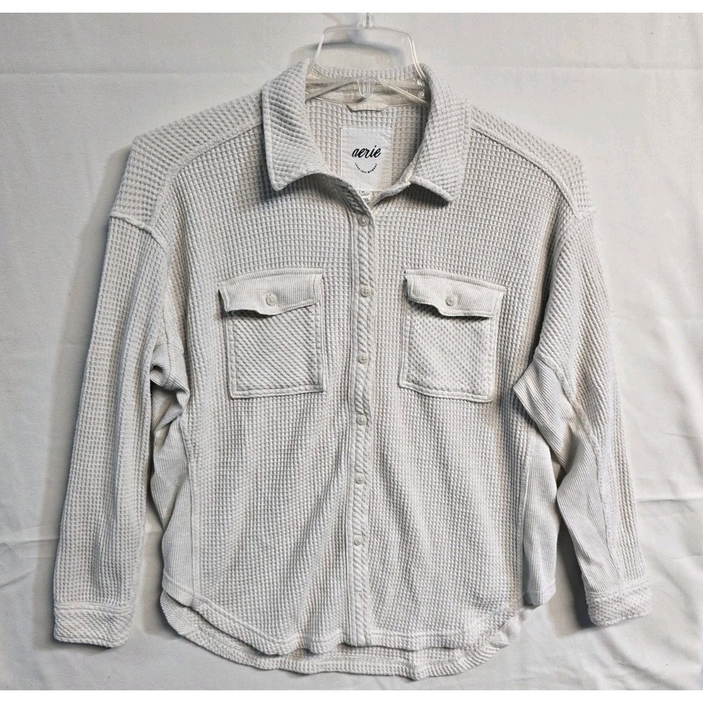 Aerie Waffle Knit Button Down Shirt Cream Ivory Oversized Shacket XS